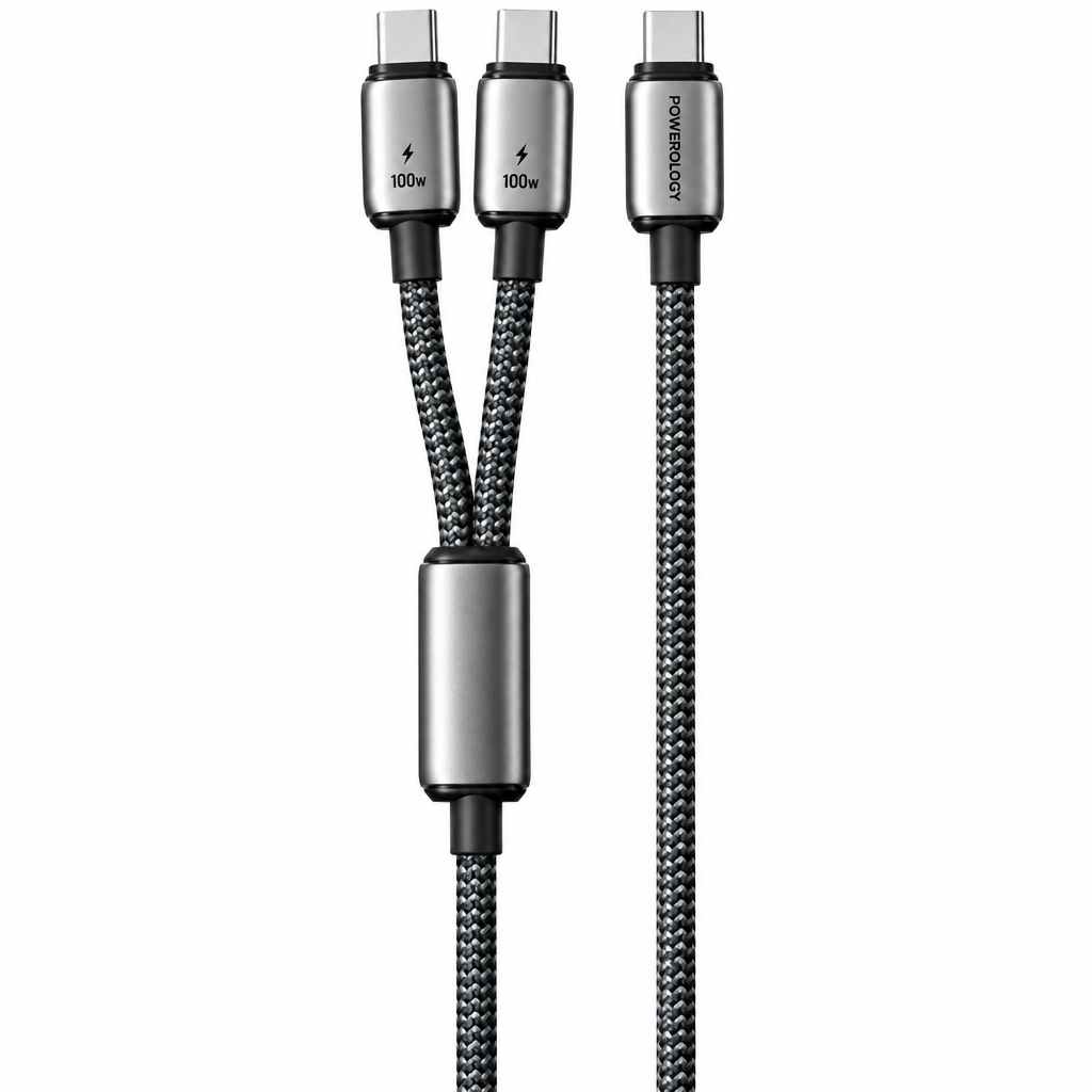 Arabic: كابل بورولوجي ثنائي USB-C 2 في 1 — شحن جهازين USB-C في نفس الوقت | English: Powerology 2-in-1 Dual USB-C Cable — Charge two USB-C devices at the same time

