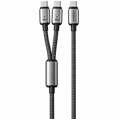 Arabic: كابل بورولوجي ثنائي USB-C 2 في 1 — شحن جهازين USB-C في نفس الوقت | English: Powerology 2-in-1 Dual USB-C Cable — Charge two USB-C devices at the same time

