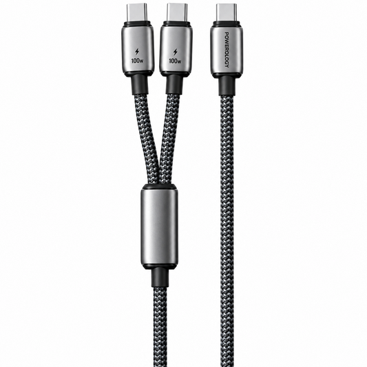 Arabic: كابل بورولوجي ثنائي USB-C 2 في 1 — شحن جهازين USB-C في نفس الوقت | English: Powerology 2-in-1 Dual USB-C Cable — Charge two USB-C devices at the same time

