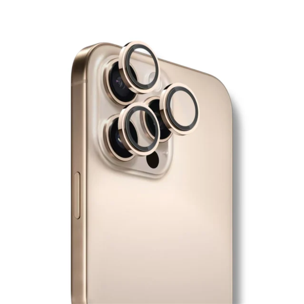 Gold sapphire-coated camera glass protector with stainless steel frame for triple-lens smartphone