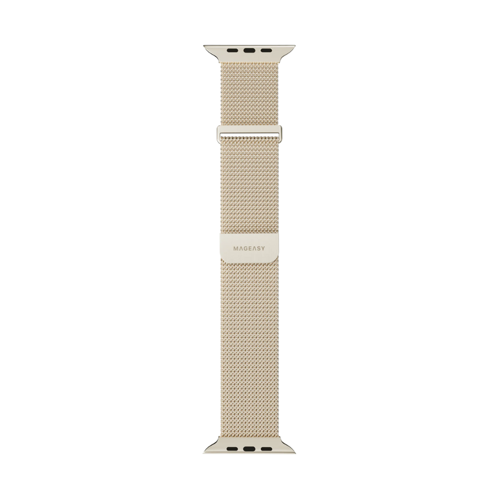 Light beige stainless steel mesh watch band with MAGEASY logo clasp