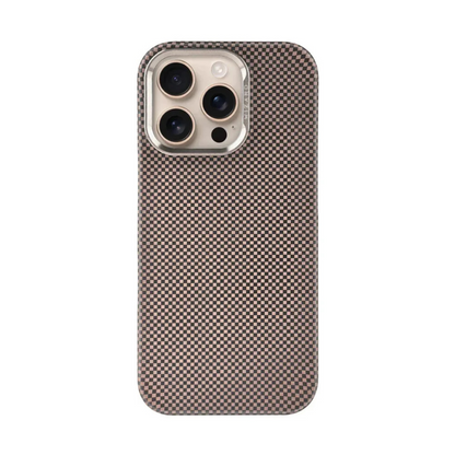 Brown and black checkerboard iPhone 15 Pro case with raised camera ring