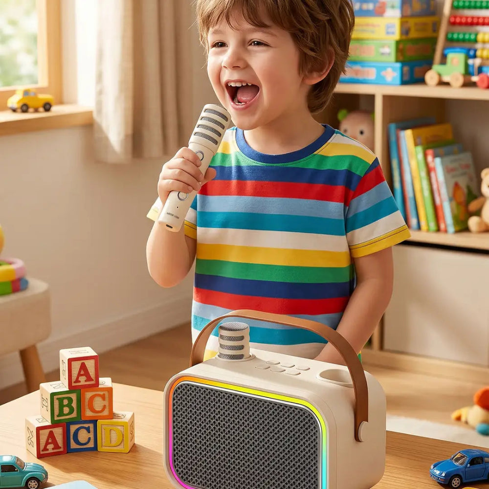 Arabic: مكبر صوت الكاريوكي للأطفال من جرين ليون — ميكروفون مضمون للغناء فور فتح العلبة | English: Green Lion Kids Karaoke Speaker — Microphone included for singing right out of the box

