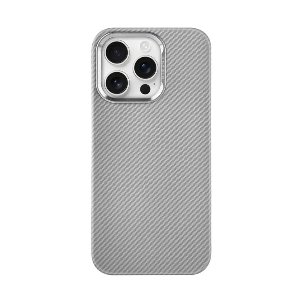 Light gray carbon fiber texture iPhone 15 Pro case with MagSafe