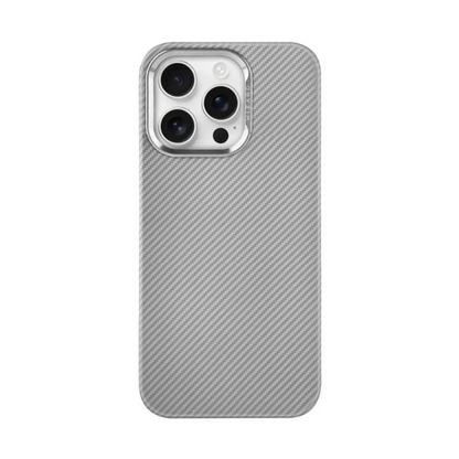 Light gray carbon fiber texture iPhone 15 Pro case with MagSafe