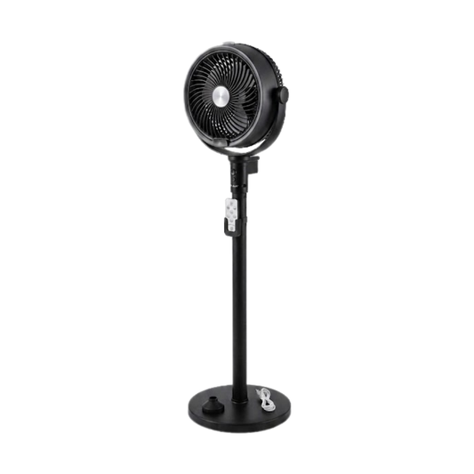 Black humidification floor fan with mist function, remote control, and 90-degree oscillation