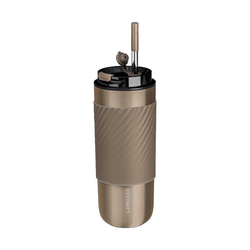 Bronze Lepresso stainless steel tumbler with flip lid and straw