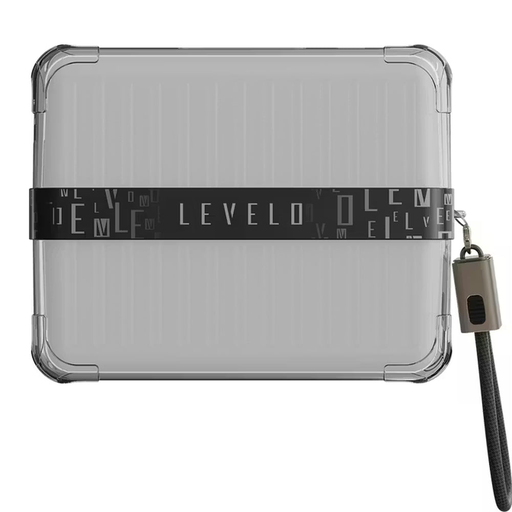 Front view of Levelo power bank with semi-transparent shell and 'LEVELO' branded band