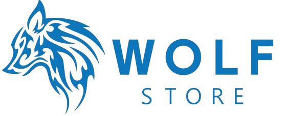 Blue wolf logo with 'WOLF STORE' text on a white background