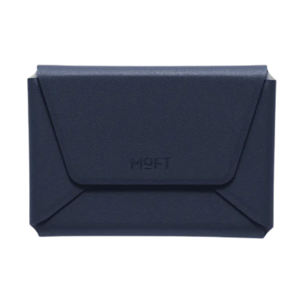 Navy blue compact Moft wallet with embossed logo