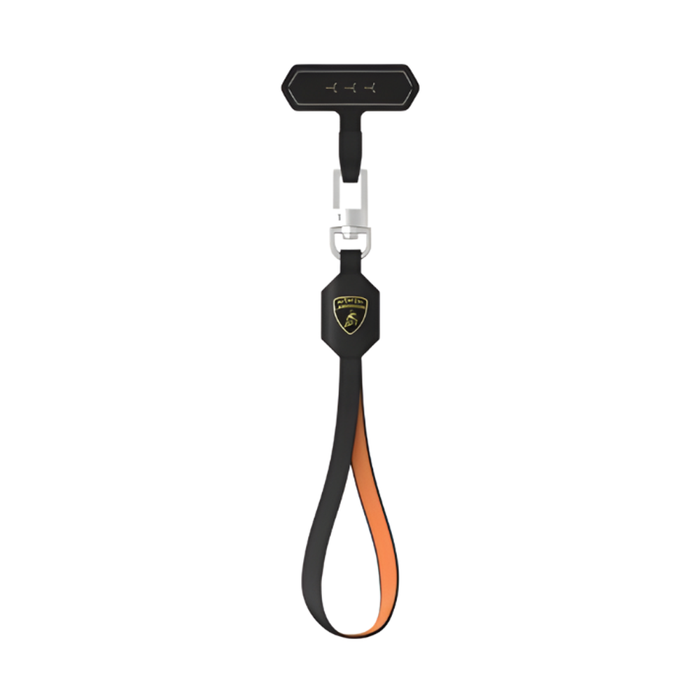 Black Lamborghini leather phone hand strap featuring orange interior lining