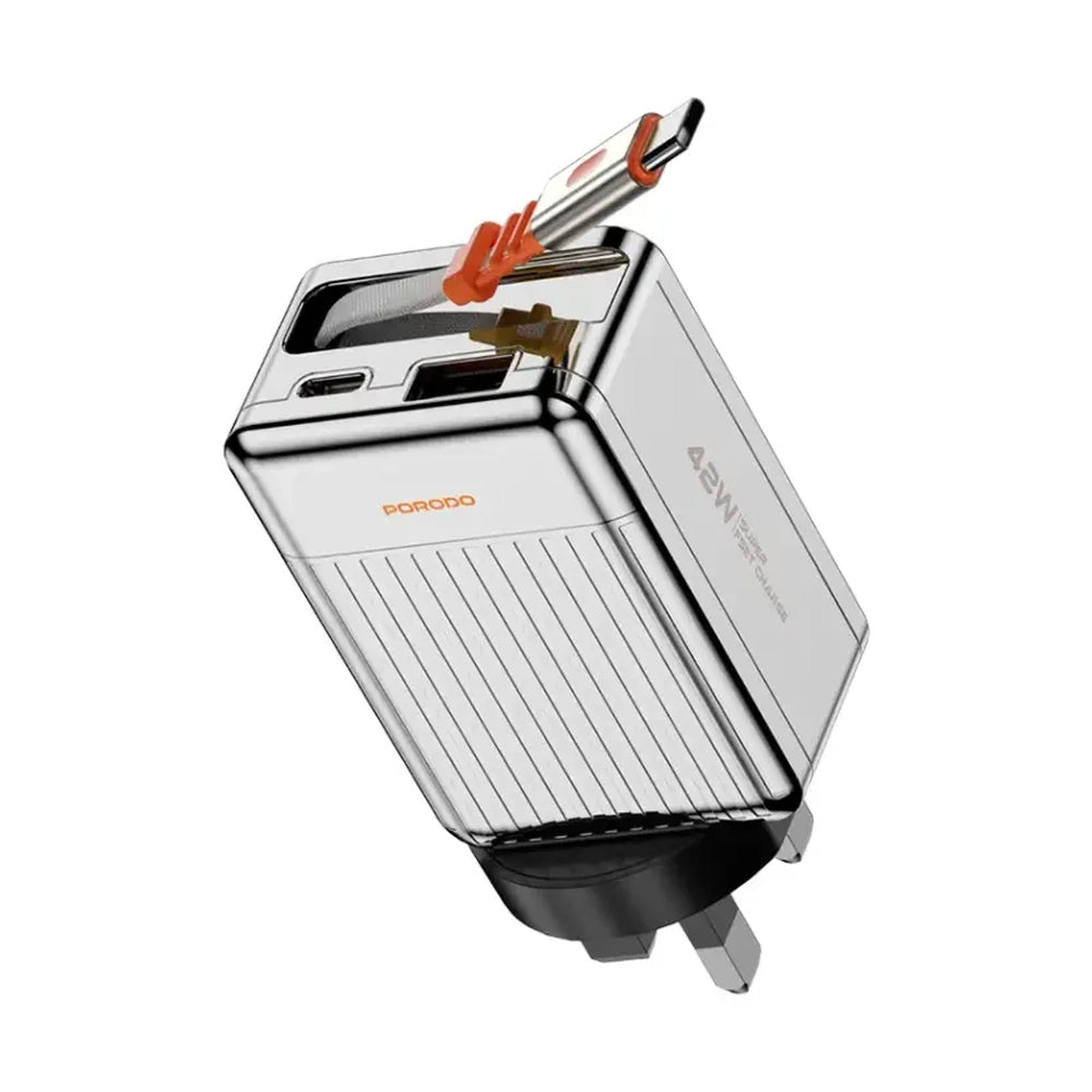 Silver Porodo 42W GaN wall charger showing extended retractable orange USB-C connector