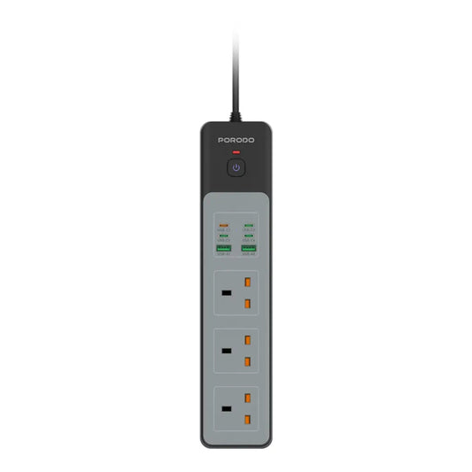 Arabic: شريط الطاقة بورودو بقدرة 3000 واط — 3 منافذ تيار متردد ومنافذ USB مدمجة | English: Porodo 3000W Power Strip — 3 AC outlets with built-in USB ports

