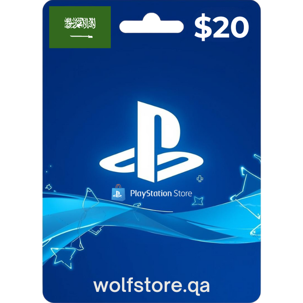 $20 PlayStation Store digital card for KSA with blue gradient and Saudi flag