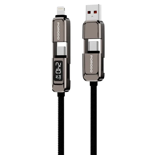 Arabic: كابل بورودو 4 في 1 — دعم الشحن السريع PD للأجهزة المتوافقة | English: Porodo 4-in-1 Cable — PD fast charging support for compatible devices


