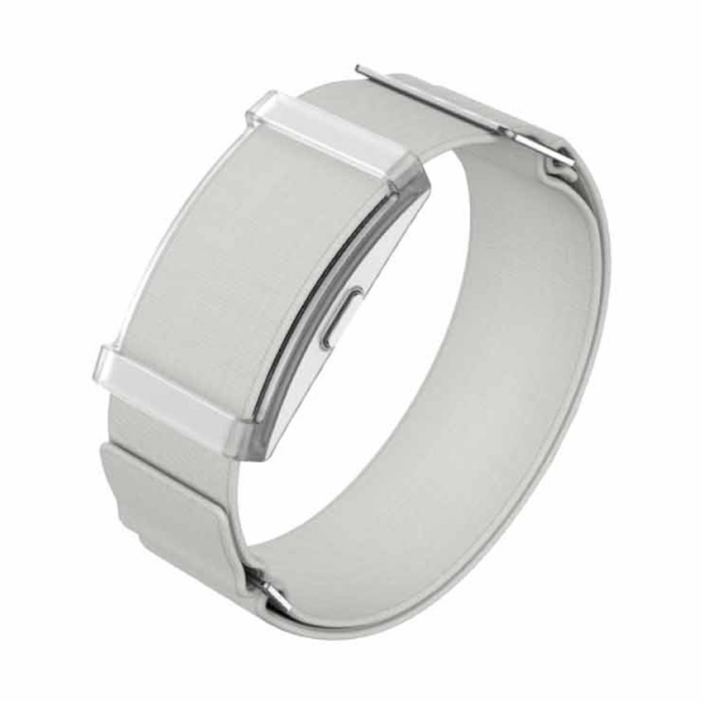 Green Lion light gray smart fitness band with textured nylon strap and metal buckle