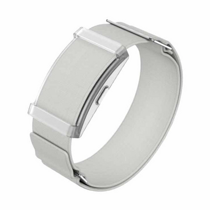 Green Lion light gray smart fitness band with textured nylon strap and metal buckle