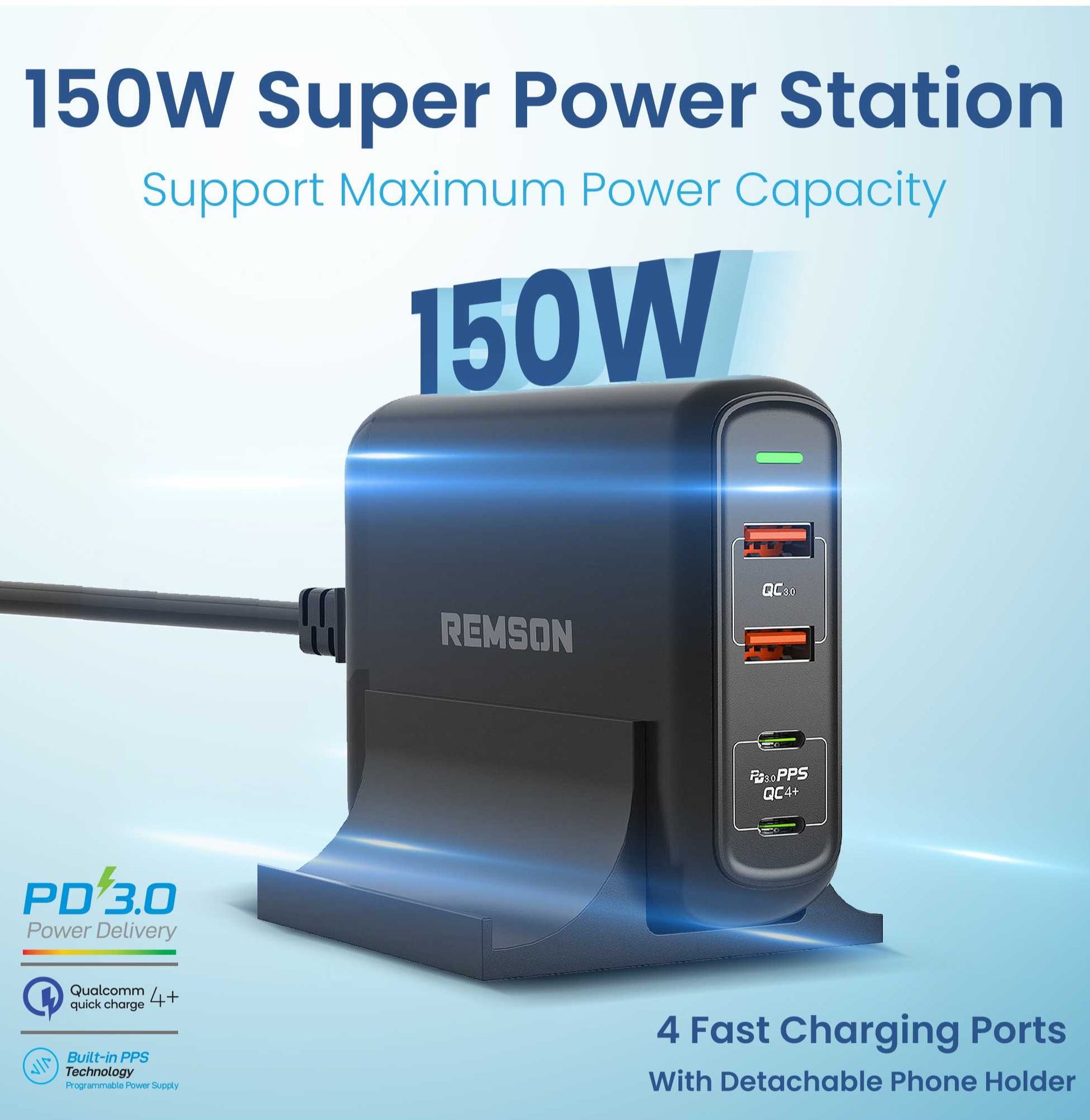 150W Super Power Station with multiple charging ports on a light blue background