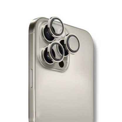 Space gray sapphire-coated camera glass protector with stainless steel frame for triple-lens smartphone