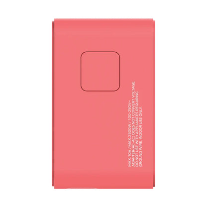 Coral pink Momax product box showing safety warnings and voltage specifications