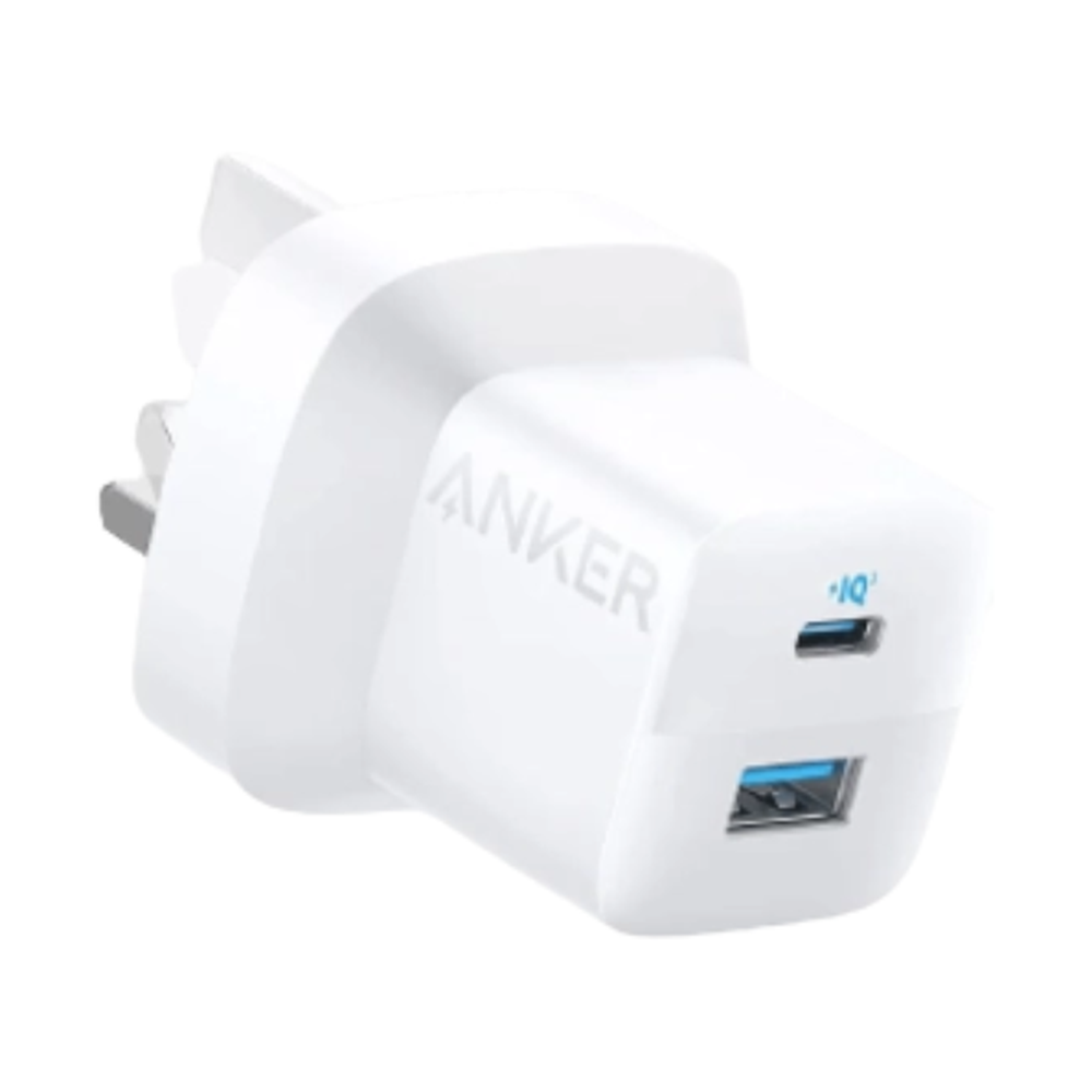 White Anker 33W compact dual port wall charger with UK plug and blue port accents