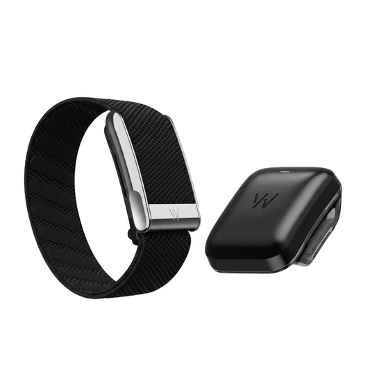 Black smartwatch with a band and a black charging case on a white background