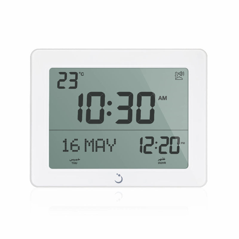 Digital clock with temperature display on a white background