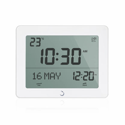 Digital clock with temperature display on a white background