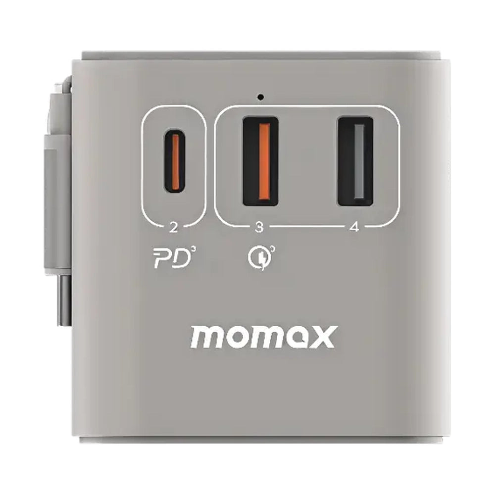Light gray cube-shaped Momax adapter showing PD3 Q3 ports and side-mounted plug
