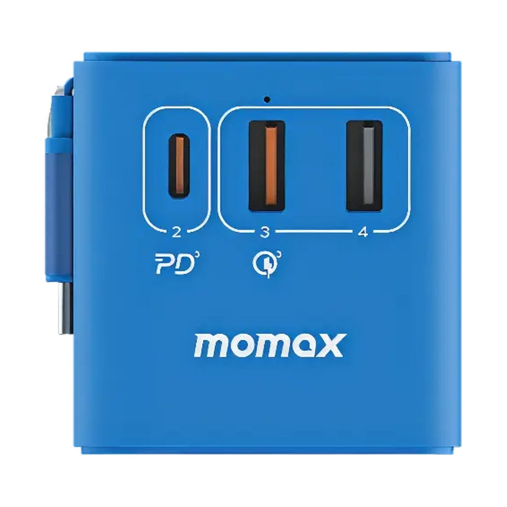 Vibrant blue cube-shaped Momax adapter displaying orange and gray internal port inserts