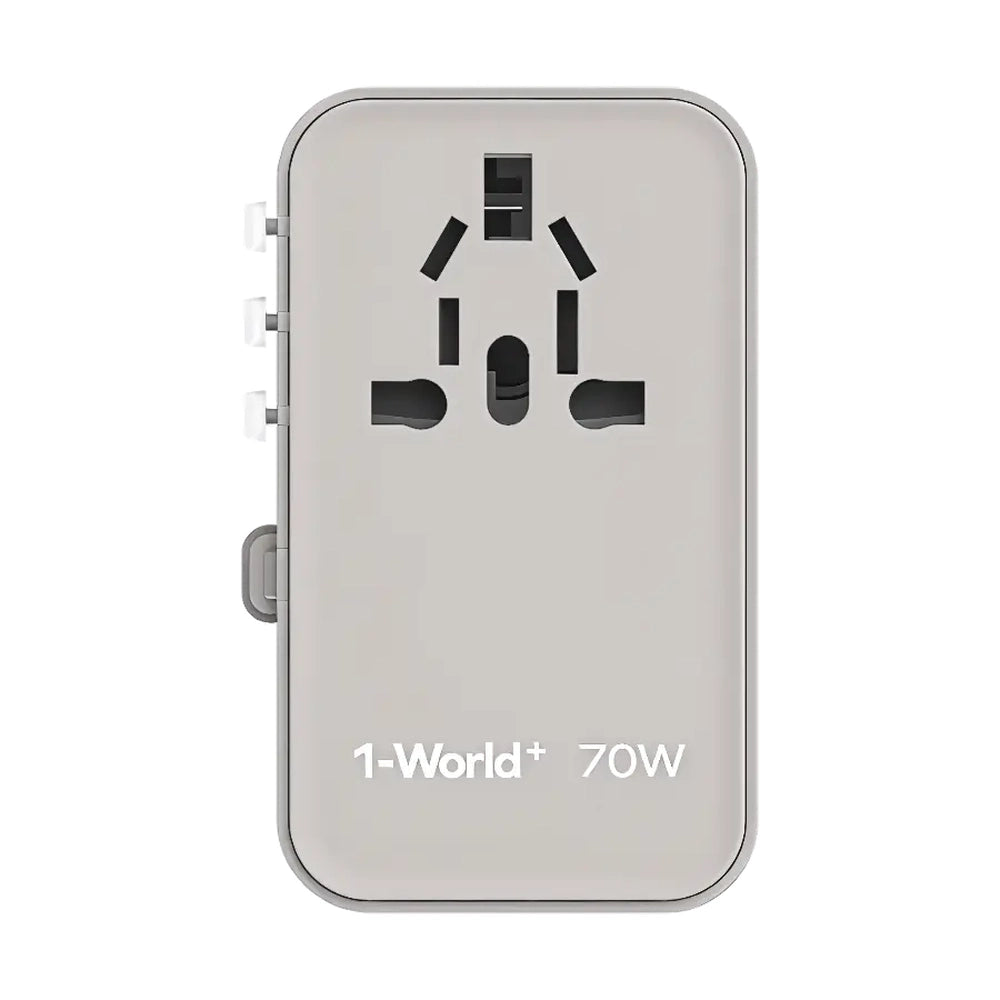 Light gray Momax 70W global travel adapter with extended EU UK USA plug adapters