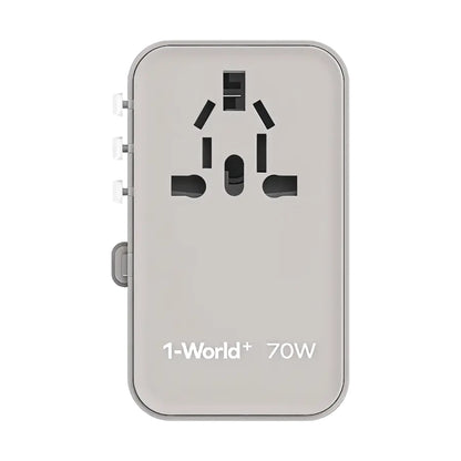Light gray Momax 70W global travel adapter with extended EU UK USA plug adapters