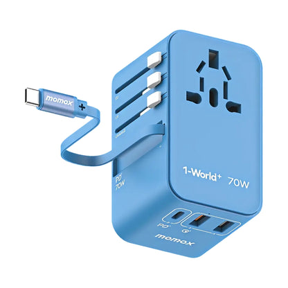 Sky blue Momax 70W adapter with attached USB-C cable loop and PD3 Q3 ports